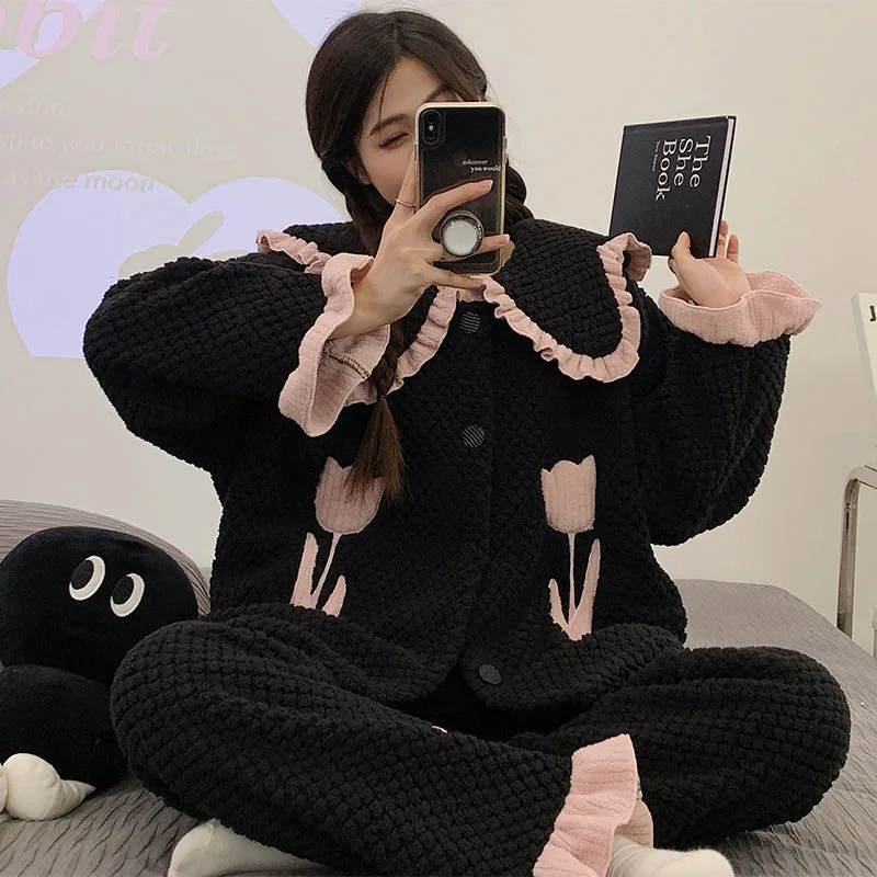 2023 New Winter Pajamas Women's Coral Velvet Sleepwear Thickening and Plushing Loungewear Set Student Warm Falbala Homewear