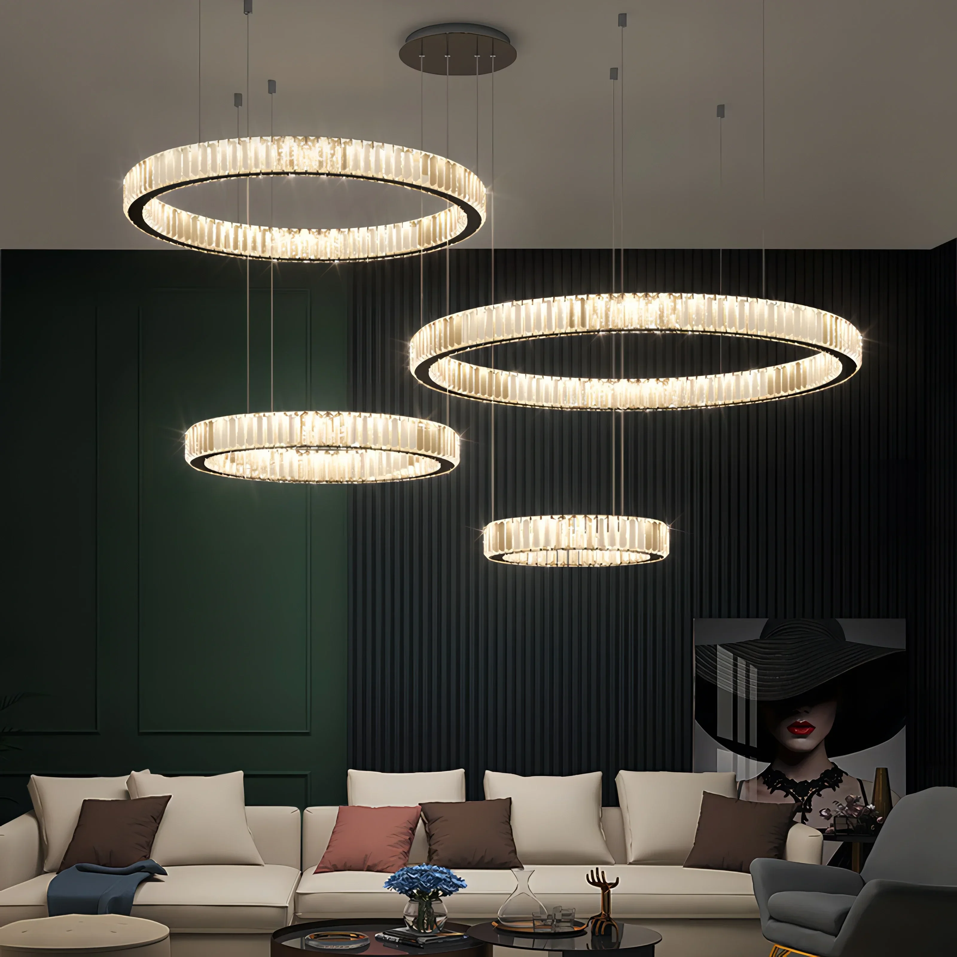 Luxo LED Lustres para Sala, Luzes Pingente, Lâmpada Suspensa, Crystal Lustre, Anéis de Aço, Arte Pendurada, Luminária