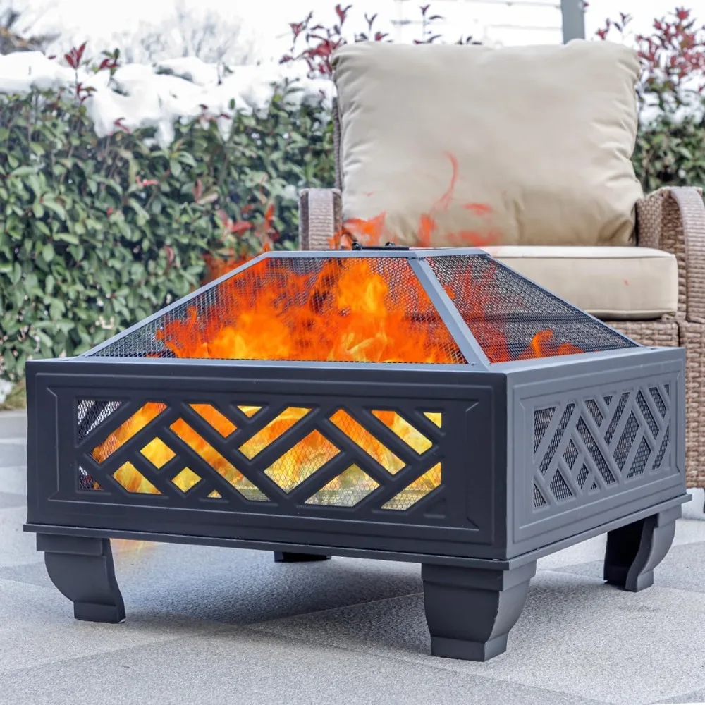 

26" Steel Square Fire Pit with Grill & Poker, Outdoor Fireplace with Mesh Cover for Patio, Backyard & Garden, Ideal