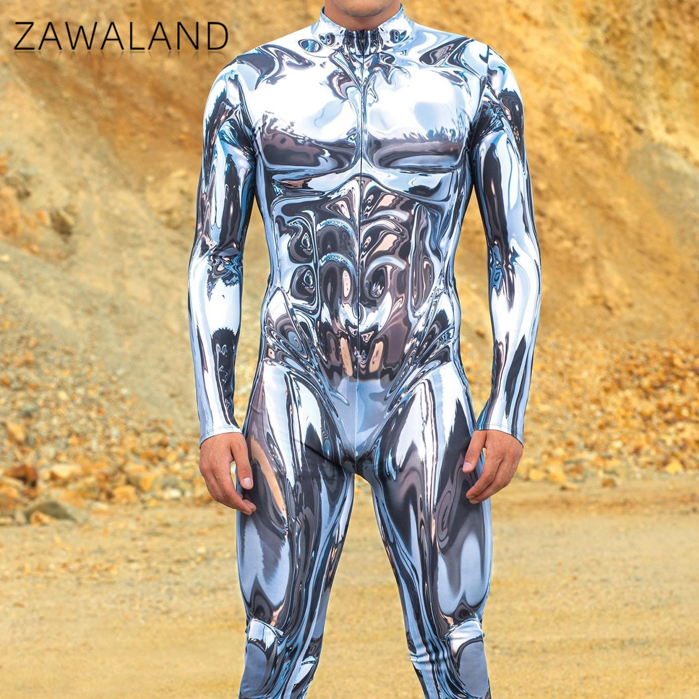 Zawaland hommes 3D miroir métallique futuriste Punk body Festival Rave fête Catsuit Cosplay combinaison carnaval Halloween Costume
