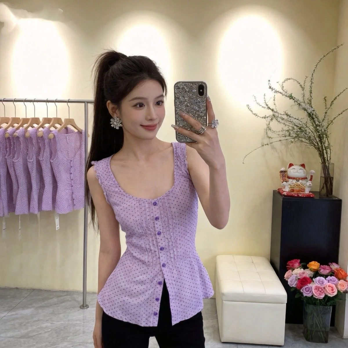 

Retro Green Polka Dot Sleeveless Slim Fit Shirt Stomach Covering Fashionable Korean Style Women's Summer Top round Neck Butto...