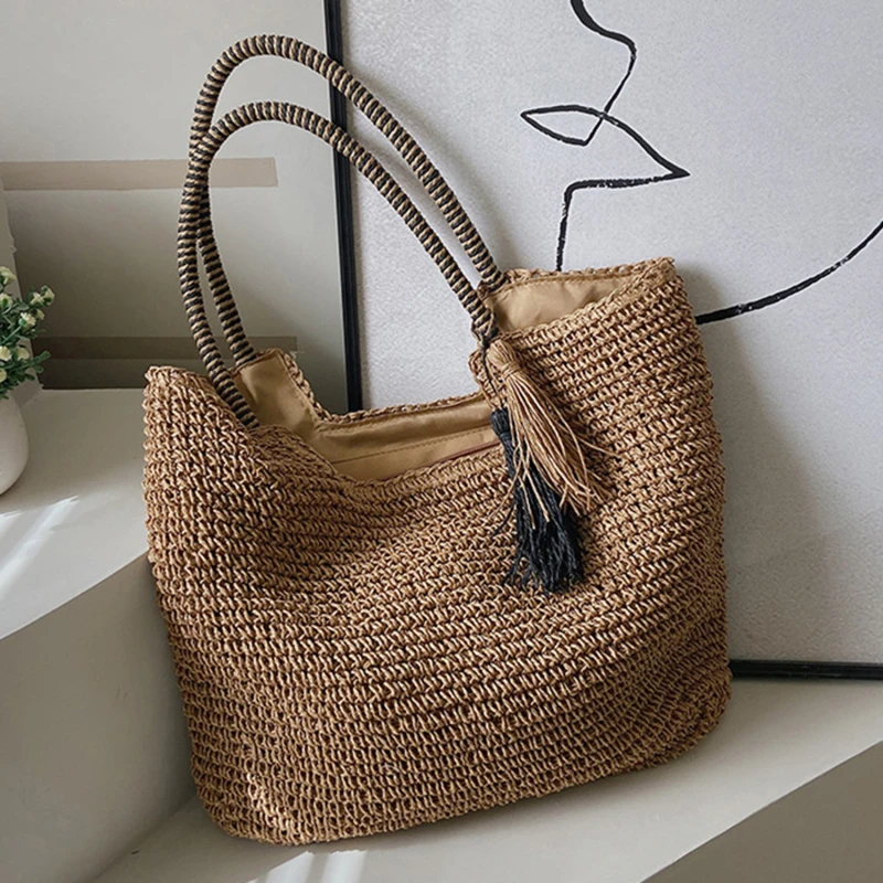 Bolso grande de paja con borlas para mujer, bolsa de playa de gran capacidad, a la moda, 2024