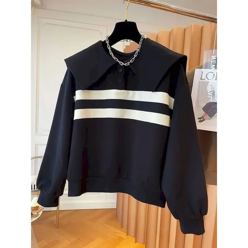 Fashion Pullover Women Striped Design Pullover Casual Loose Polo Sweatshirt Spring Autumn Trend Top Y2k Clothes Aesthetic Shirt