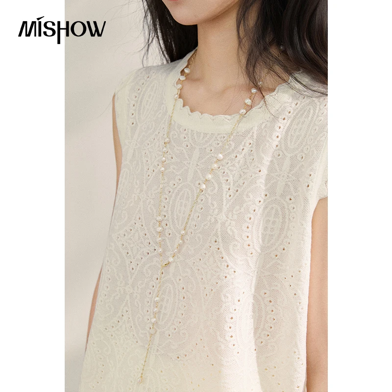 MISHOW Elegant Sleeveless Lace Knit Tank Top for Women 2026 Summer New Scalloped Edge Hollow Out  Loose Casual Blouse MXF21Z3093