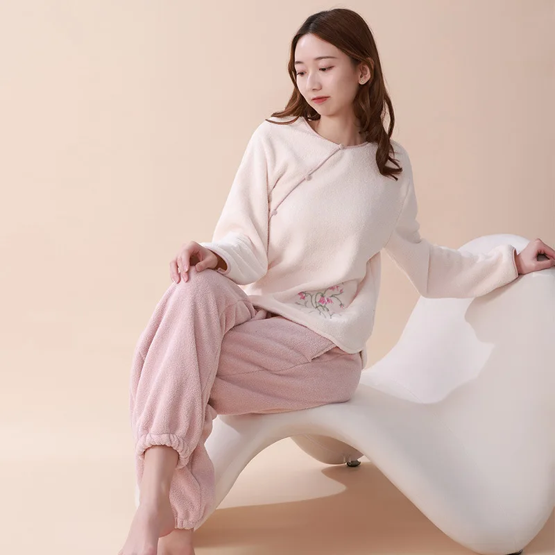 Ancient Style Double-sided Velvet Pajamas For Women In Autumn And Winter, With Thickened Chinese Plush Hanfu Warm Home Suit Set