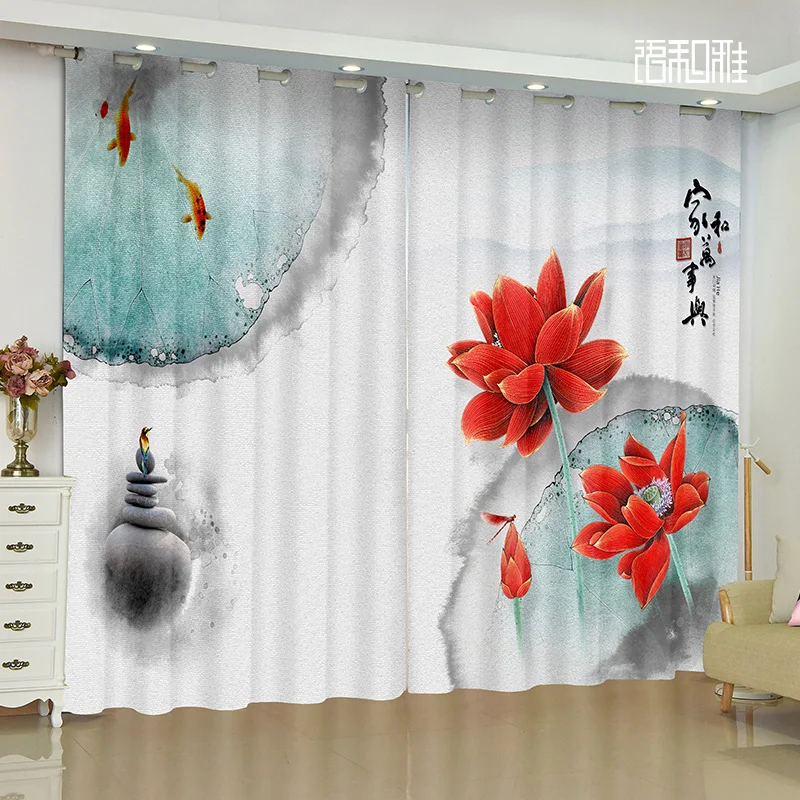 Elegant Luxury Room Chinese Style Landscape Decoration Print Advanced Living Room Study Bedroom Window Shutters Blinds 2panels