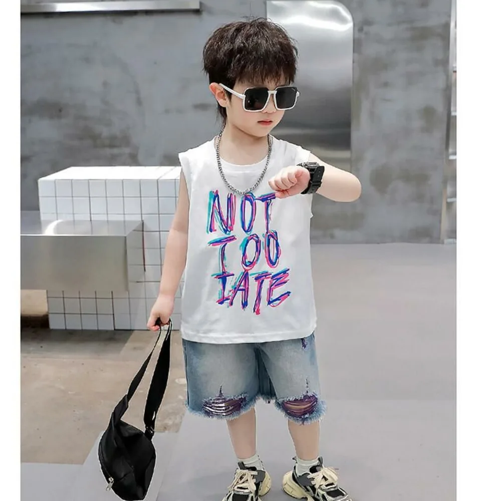 Boys' Sleeveless Tops Shorts Two-piece Sets, Handsome Fashion Summer Children's Clothing Korea Denim Shorts Colorful Vest Suits