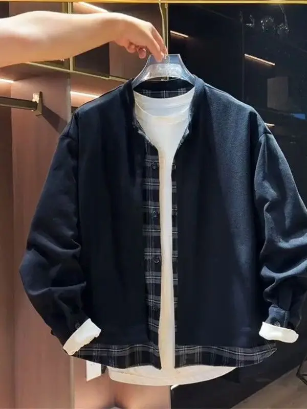 

Retro Japanese Sle Plaid Splicing Fake Two-Piece Jaet Loose Casual Thin Men's Sle Stand Collar Faionable Outerwear