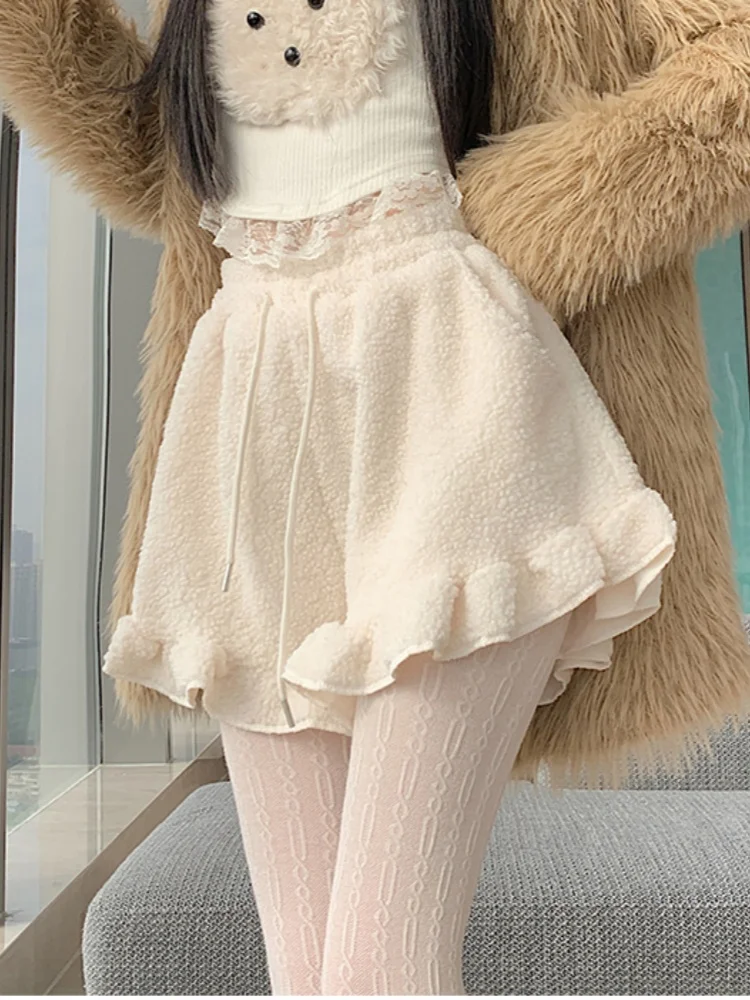 SMTHMA 2025 شتاء جديد مشعر أسفل موجة حافة السراويل غير رسمية للنساء نحيل الأحذية Lambhair واسعة الساق السراويل #4