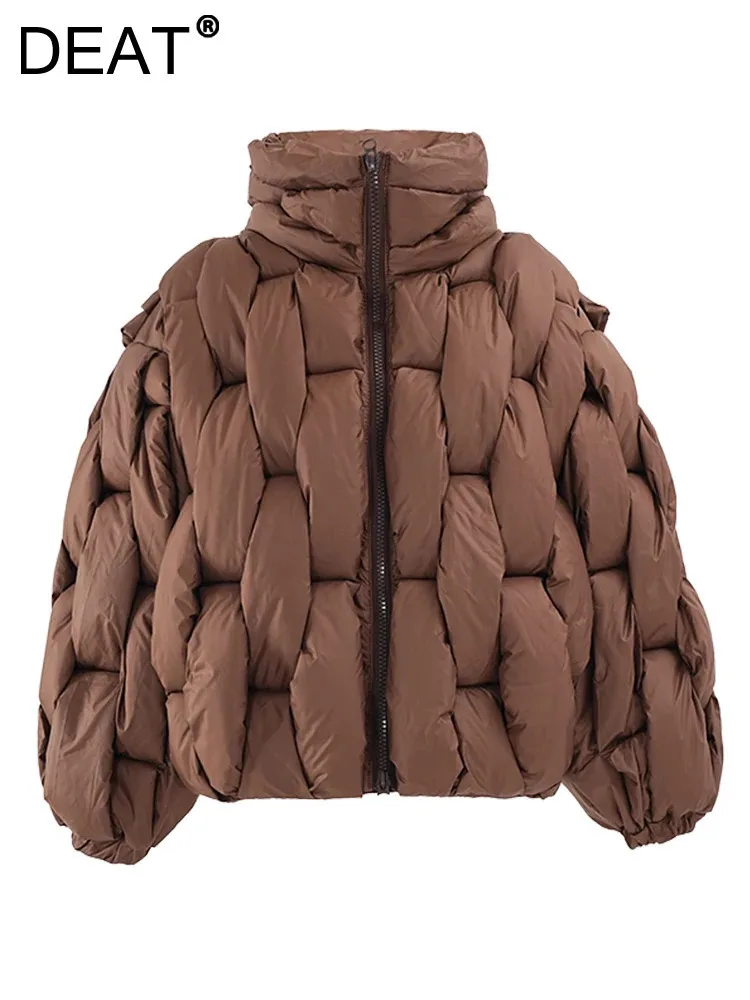 DEAT Fashion Brown Cotton-padded Coat Women's Stand Collar Loose Zipper Woven Twists Quilted Jacket Winter 2024 New Tide CP3464