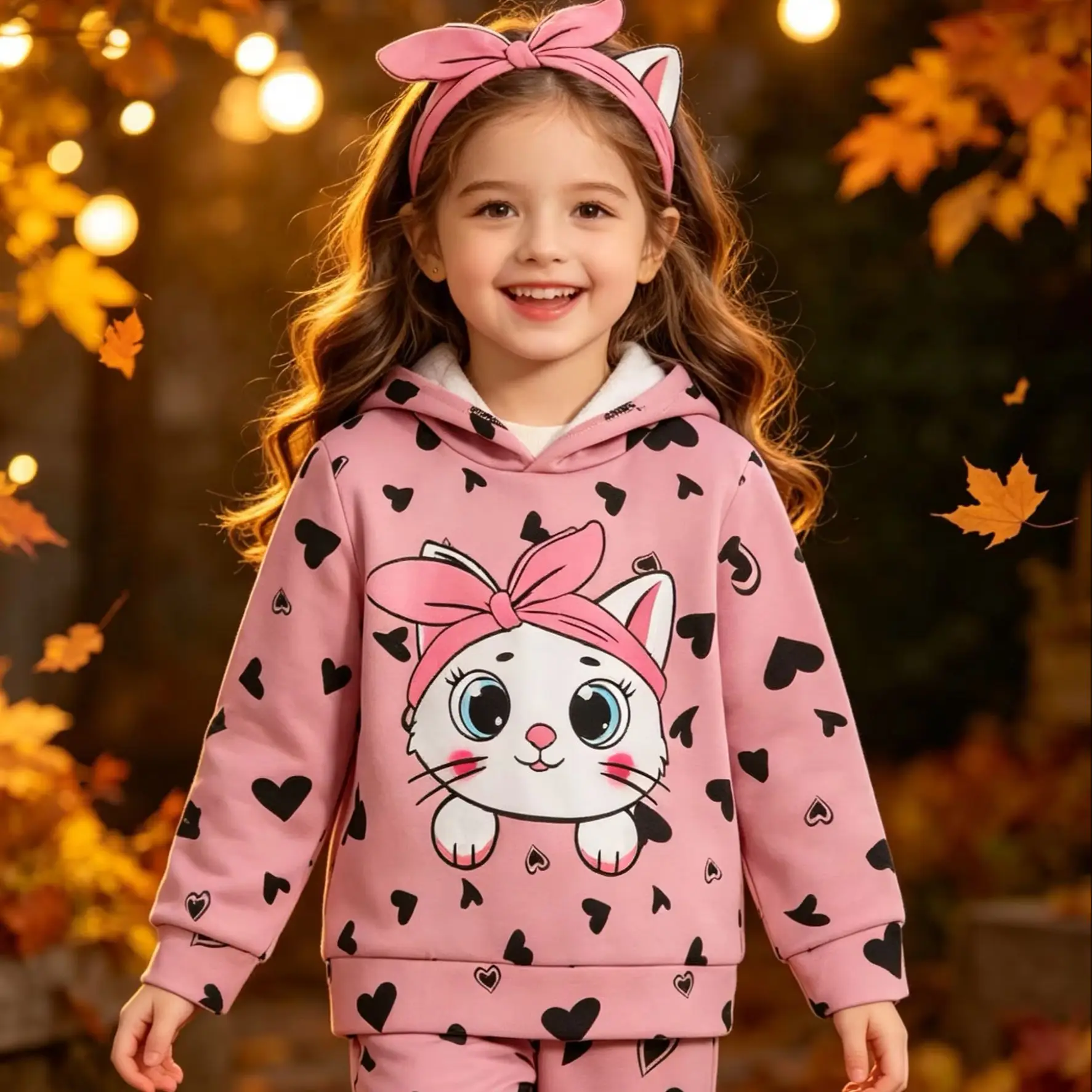 Autumn new fashion black hoodie with little heart print & cute little cat print decoration, heart print pants, girls' trendy swe