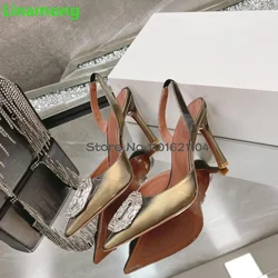 Circular Crystal Luxury Pumps 2024 Thin High Heel Pointed Toe Back Strap Slingback Elegant Fashion All-match Solid Shallow Shoes