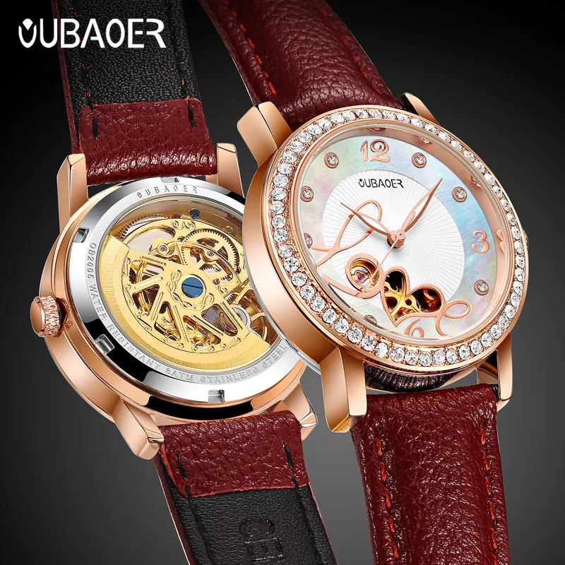 OUBAOER Woman Elegant Series Ladies Skeleton Mechanical Movement Watches Women's Genuine Leather Strap Waterproof Wristwatch
