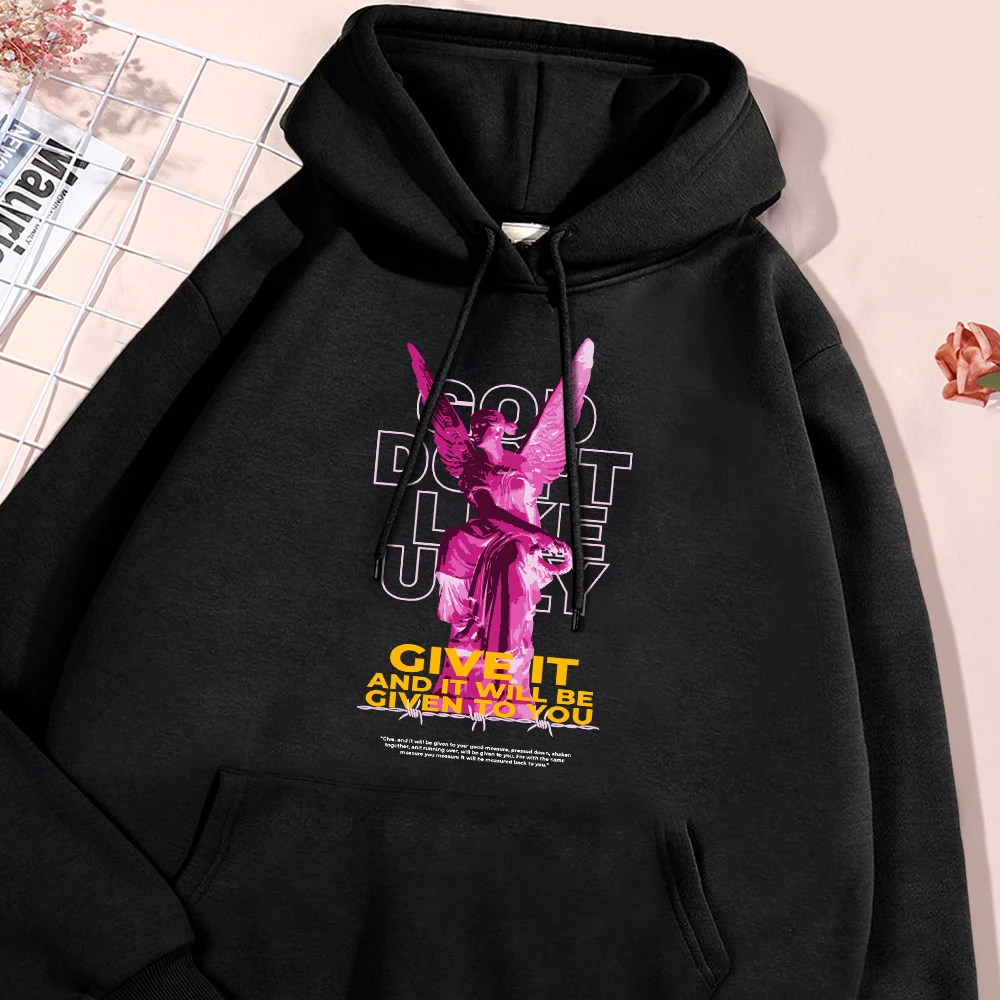 Pink Winged Angel Statue Print Male Hoodies Warm Fur-liner Fleece Hoodie Simple Leisurewear Pullover Flexible Comfort Hoody Tops