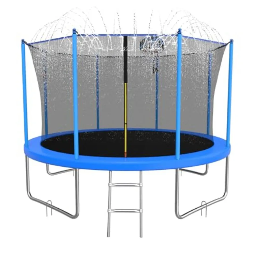 

Outdoor trampoline for kids and adults: 10FT/12FT/14FT, blue, anti-rust steel frame, ASTM approved, includes basketball hoop an