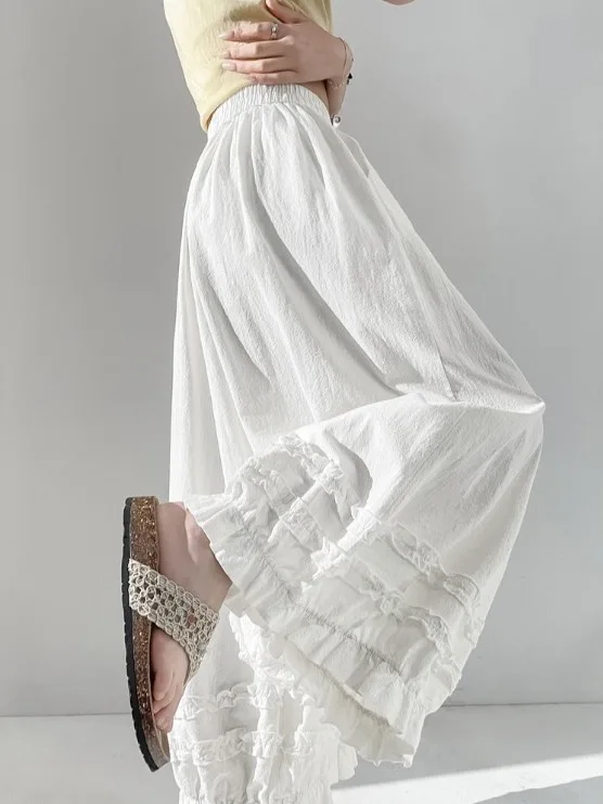 

Женские брюки с высокой талией и широкими штанинами, весна 2026, новая корейская версия, маленький размер, свободные повседневные брюки-фонари, белые, с узором «Цветочный бутон»