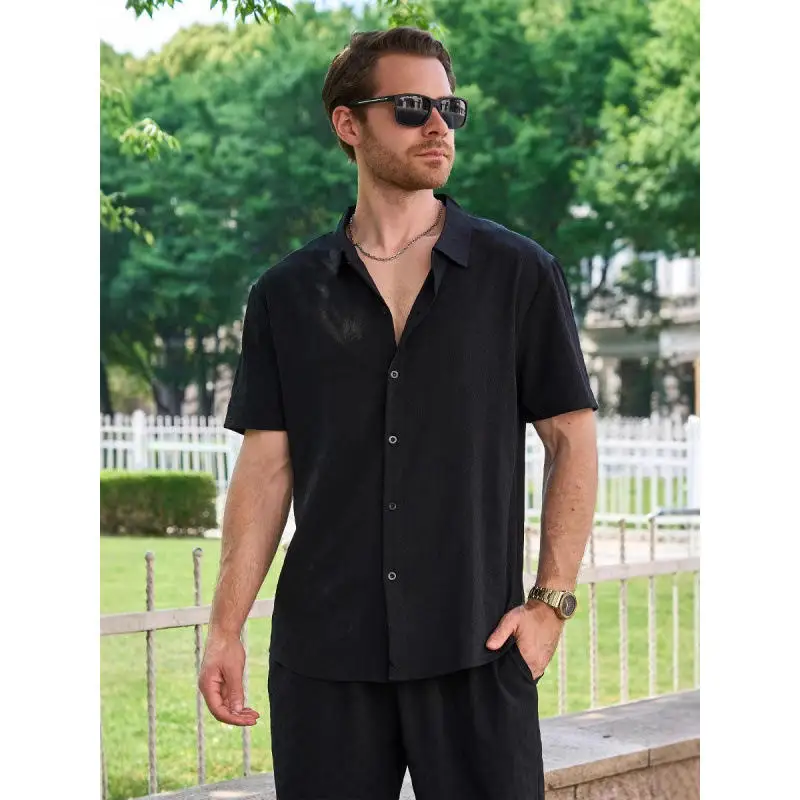 

Men's Casual Loose Short Sleeve Shirt Turn-down Collar Knitted Flower Pattern Outdoor Wear Summer Season PU Leather Material