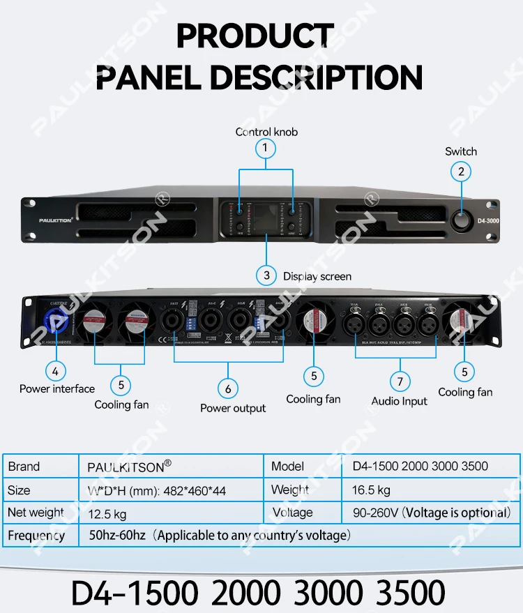 Paulkitson PD4-3500 4-Kanal SIC Digital Class D Leistungsverstärker mit hoher Ausgangsleistung für professionelle Bühnen-, Bar- und Konzert-Audio-Lautsprecher – Detail 20