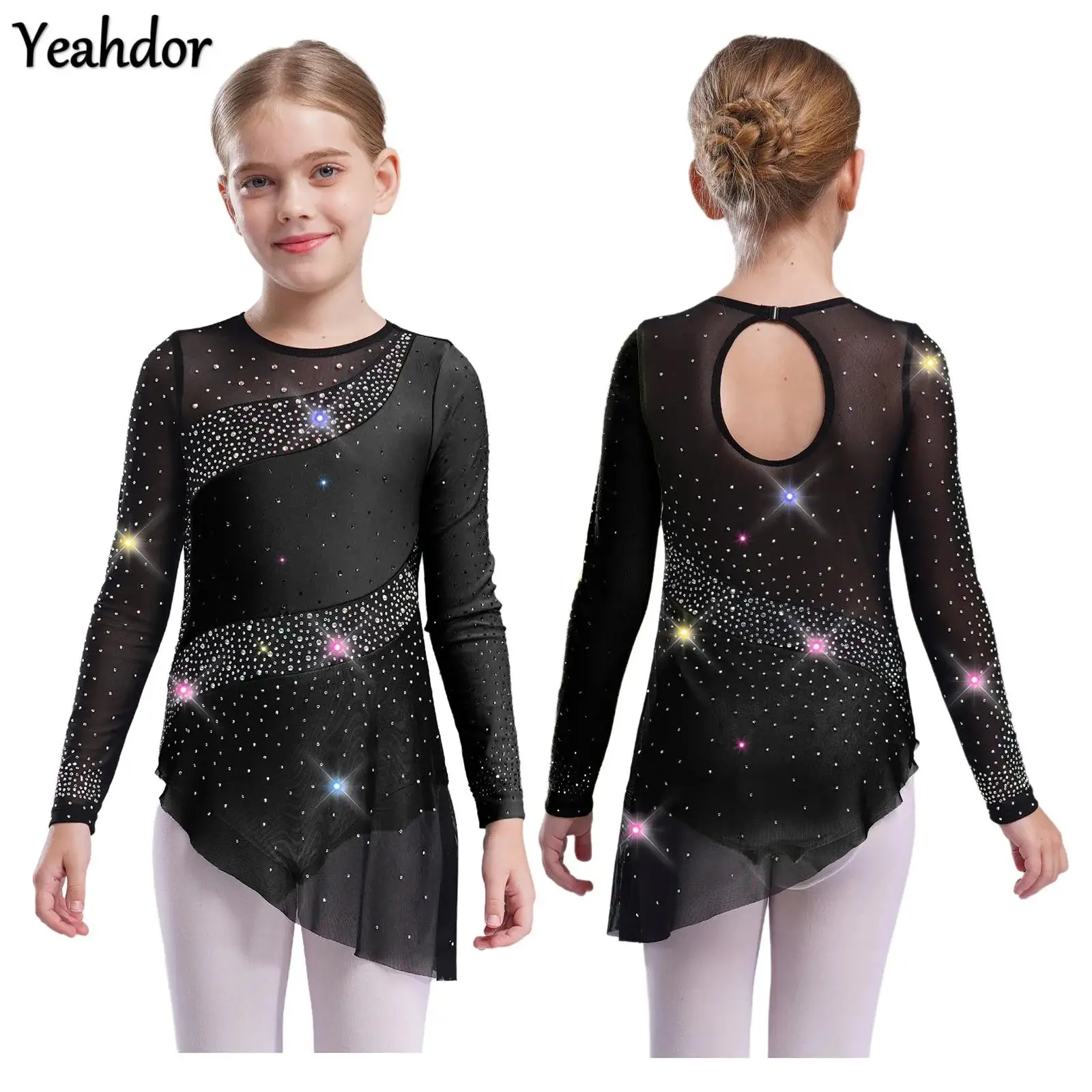 

Girls Figure Skating Leotard Dress Rhythmic Gymnastics Ballet Dance Costume Long Sleeve Sheer Mesh Rhinestone Lyrical Dancewear