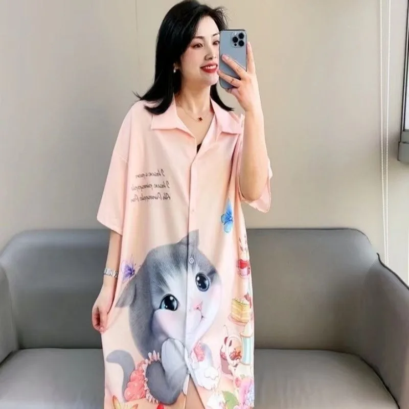 Ice Silk Pajama Dress Women Summer Short Sleeved 2024 New Cute Cat Oversized Fashion Wearing Maternity Shirt Skirt