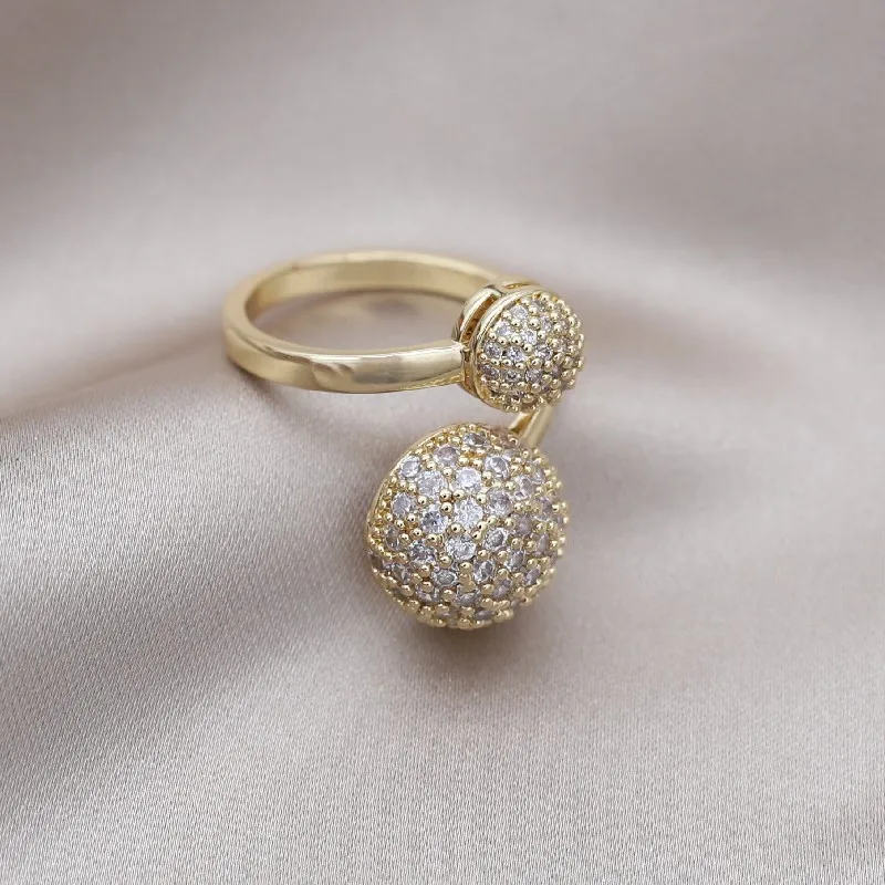 2023 Korean new design fashion jewelry 14K gold plated round close-set zircon ball ring elegant women\'s daily work accessories