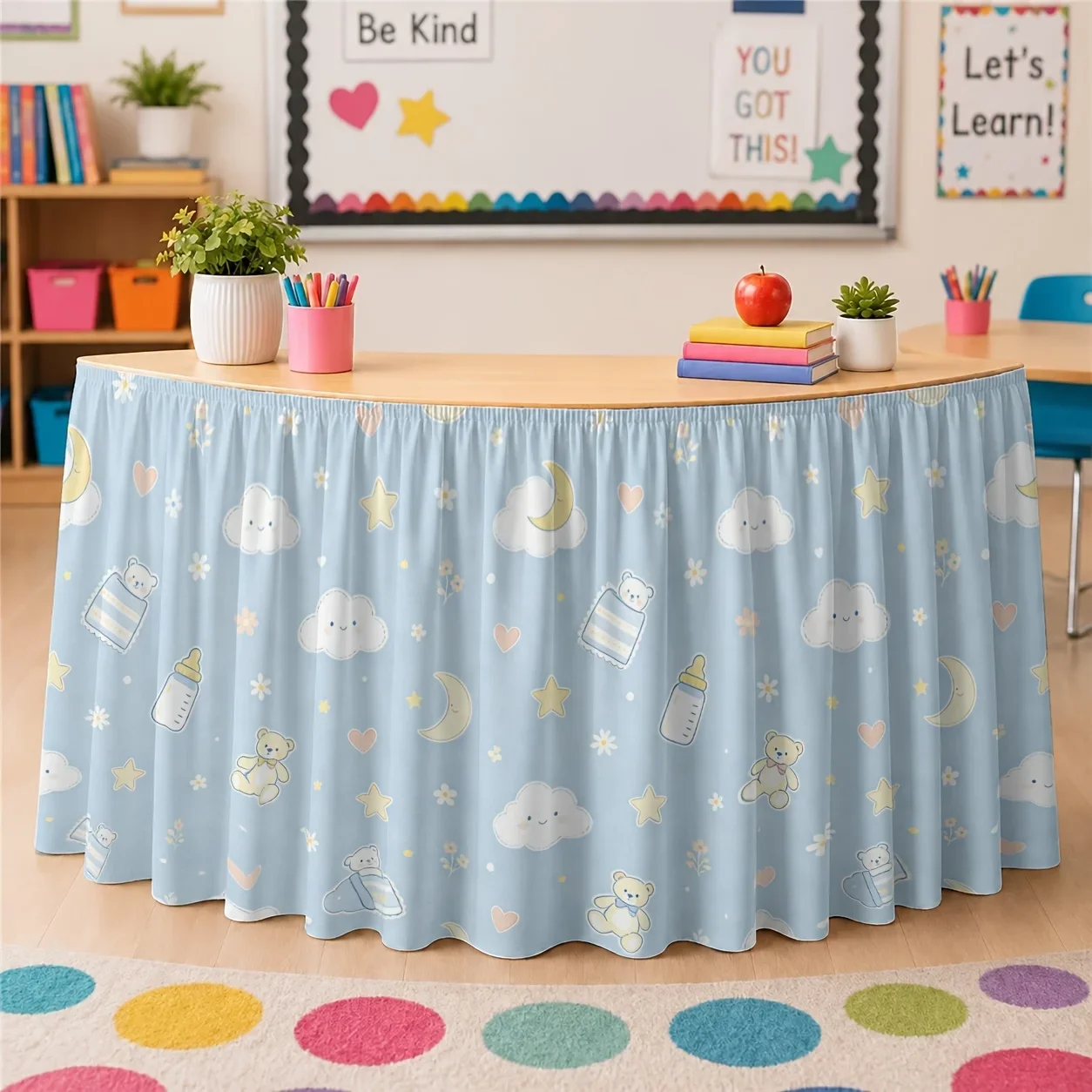 Party table skirt, featuring patterns of clouds, moons, stars, bottles and bears. Suitable for festivals.