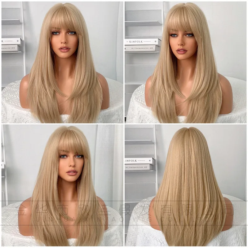 Beige long hair for women, with bangs straight and layered full synthetic fiber wig