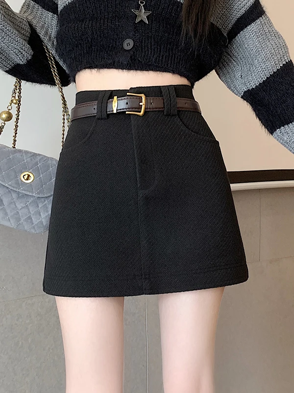 

Юбка А-силуэта с высокой талией и поясом, из шерстяной смеси, не просвечивающая, универсальная, стройнящая, в корейском стиле, средней длины, для женщин