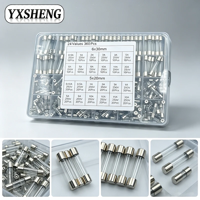 360PCS 5*20mm 6*30mm 250V 0.25A 0.5A 1A 2A 2.5A 3A 4A 5A 6A 8A 10A 15A 20A 24Values Ceramic Fuse Combination Box 5x20 6x30mm