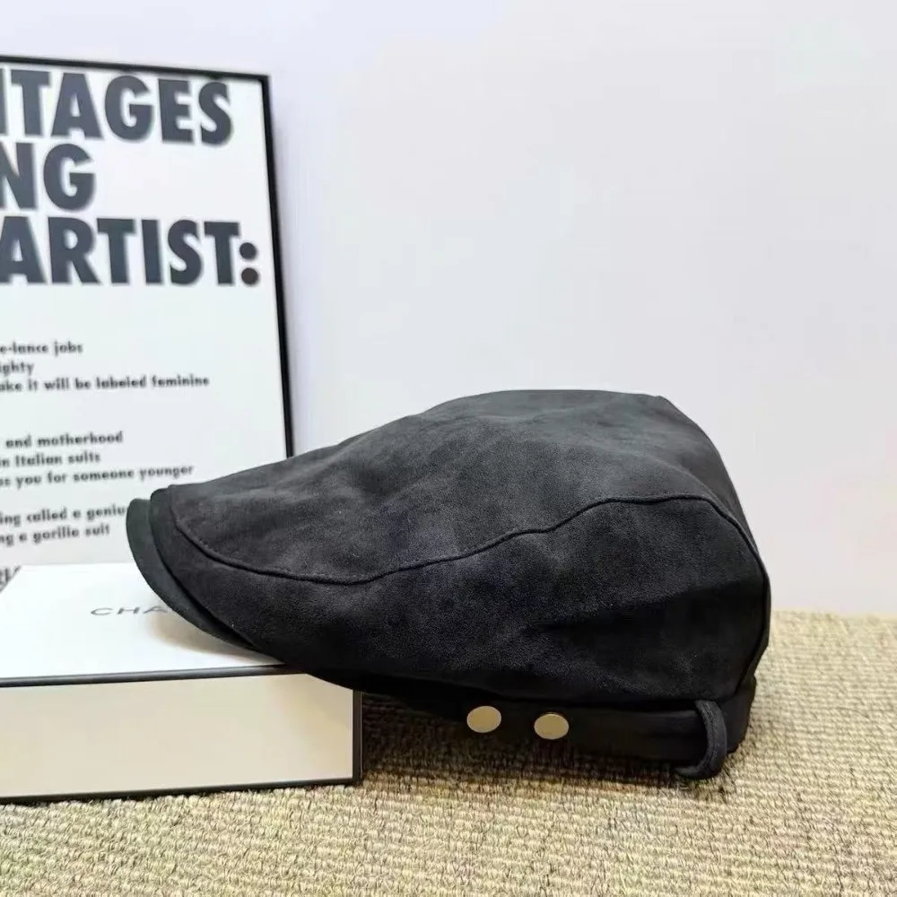 Suede Vintage Beret Hat Adjustable Size 55cm to 59cm Retro Newsboy Cap Face Slimming Feature Earflap Cap Artistic Hat Daily Wear