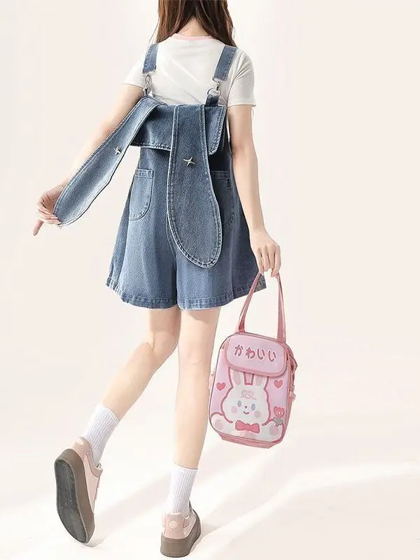 

Slimming Rabbit Ear Denim Overalls Women's Summer Thin Large Size Onesie Faionable orts Sister in plus Size Clothing
