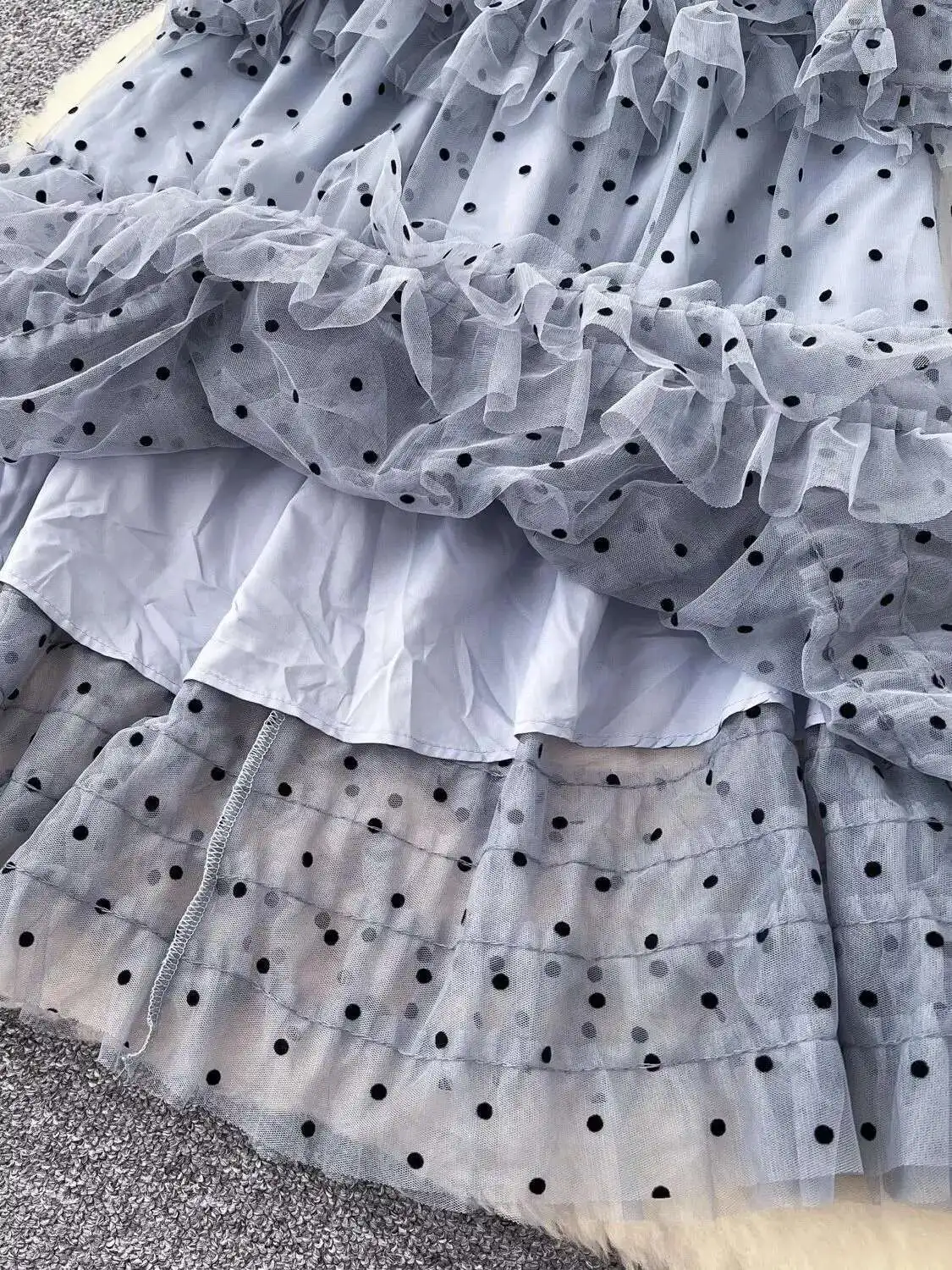 Summer Polka Dot Embroidery Tulle Lace Ruffle Cake Dress Women\'s Autumn Crystal Long Sleeve Party Evening Vestido Midi Robe Grey
