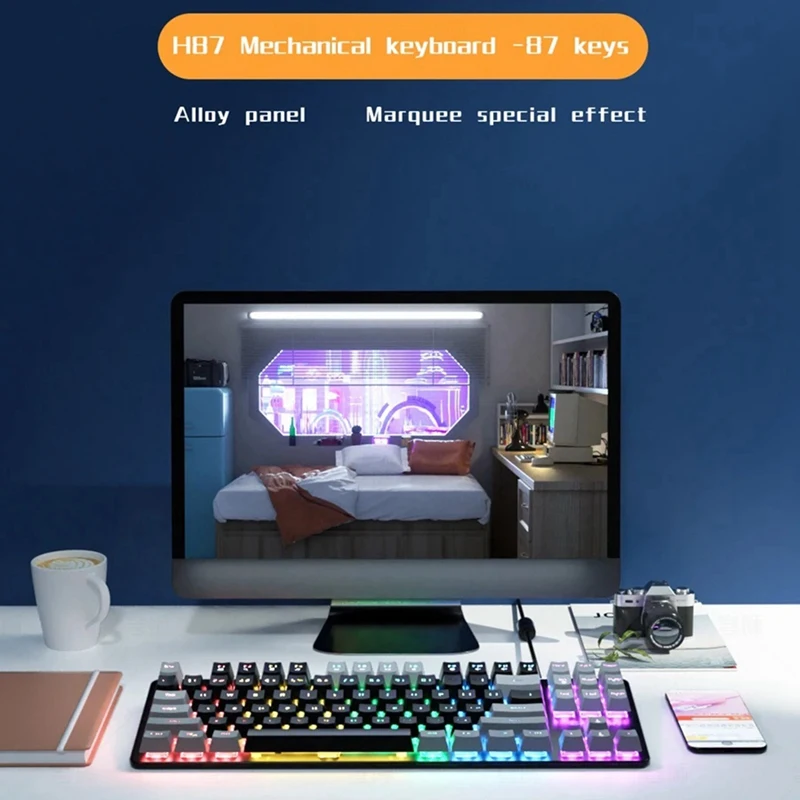 

87 Key Mechanical Keyboard Green Gaming Keyboard Wired Color Backlit Keyboard for PC Laptop Office Game A-ABVP