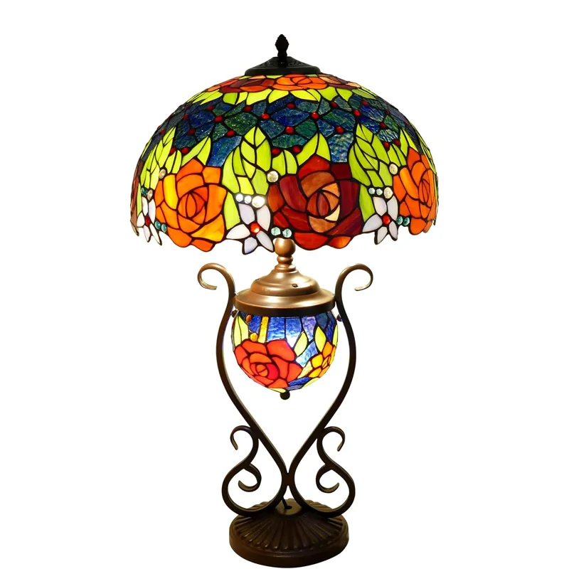 

Tiffany Lamp Roses Flower Style Large Table Lamp Desk Light Stained Glass with Metal Base for Bedroom Living Room Home Office