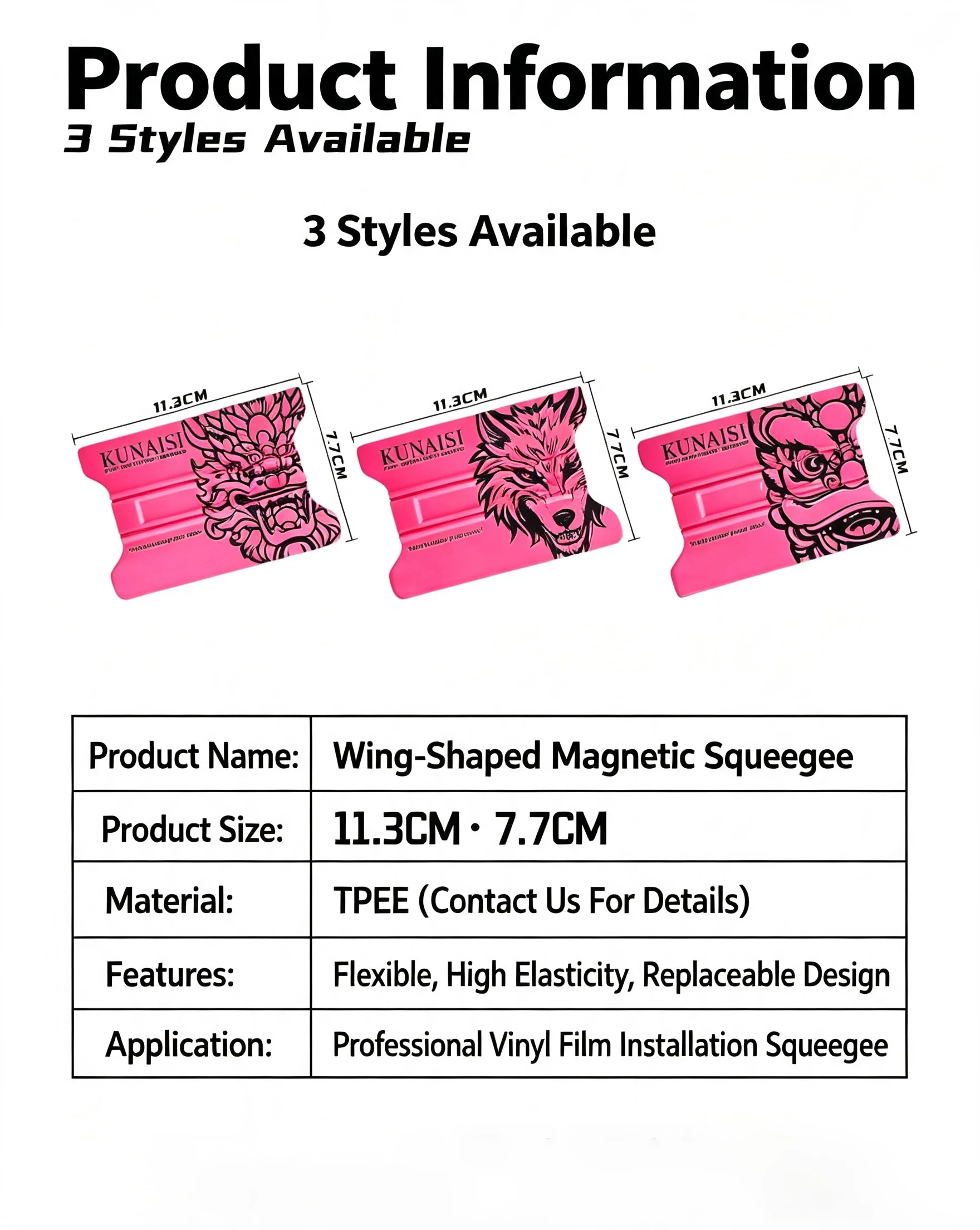 3Pcs KUNAISI Wolf Dragon Lion Vinyl Wrap Set With Pink Felt Auto Full Car Body Vinyl Wrapping Film Tool Kit