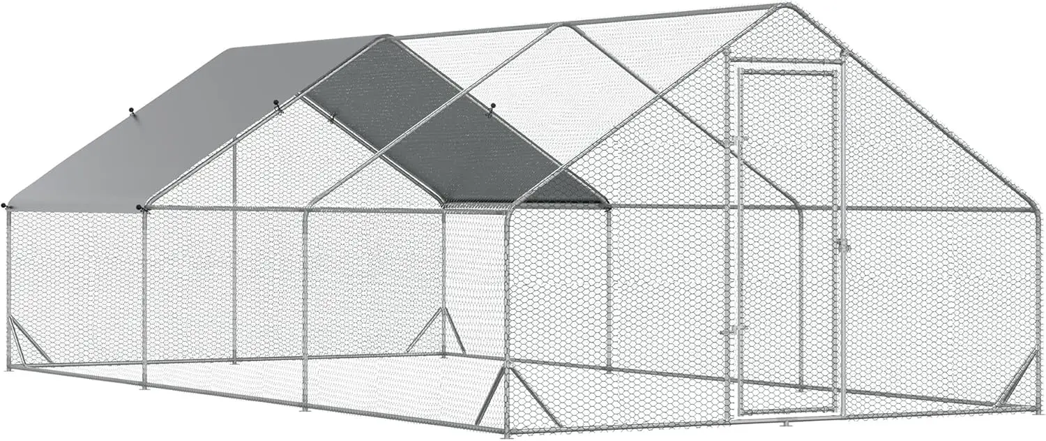 PawHut Large Chicken Coop Metal Chicken Run with Waterproof and Anti-UV Cover, Spire Shaped Walk in Fence Cage Hen House for