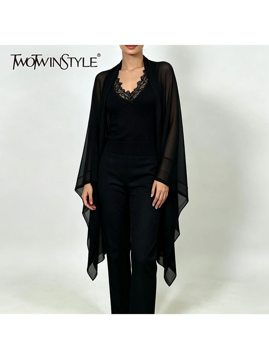 TWOTWINSTYLE Solid Spliced Lace Slimming Two Piece Set for Women V Neck Sleeveless Vest Sheer Knit Coat Casual Sets Female Style