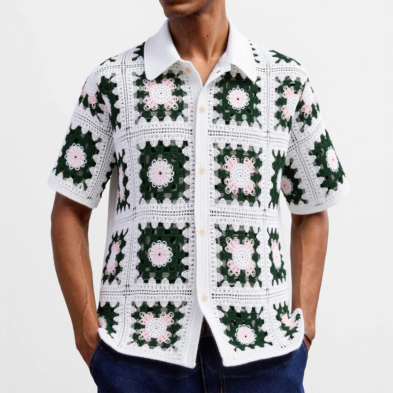 Summer Men Knitted Hollow Out Polo Shirt Fashion Short Sleeve Cardigan Tops Retro Ethnic Men's Crochet Knitting T Shirts SY0176