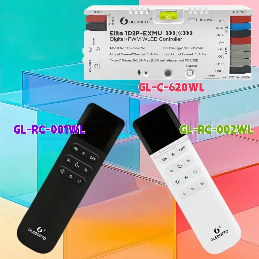 DC5-24V GL-C-620WL GLEDOPTO Elite 1D2P-EXMU Digital PWM WLED Controller Support 15A Built-in Relay Fuse Ethernet Sound-Reactive