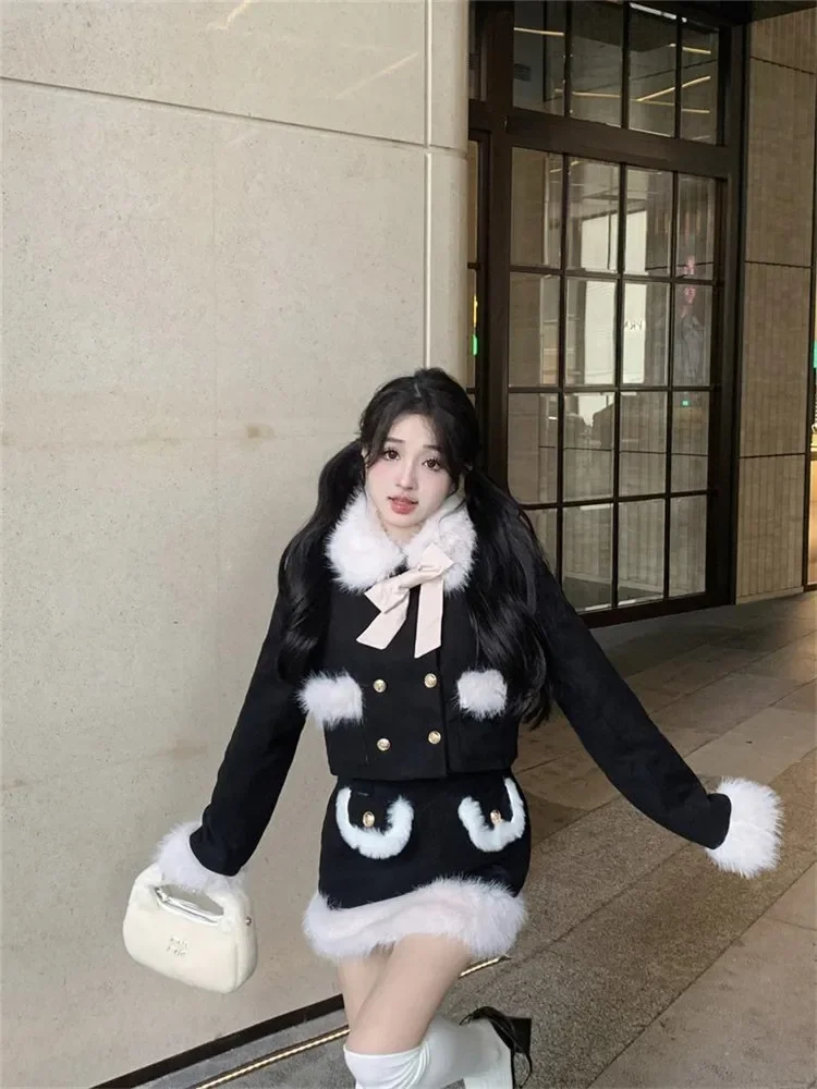 

New Winter Fashion Black 2 Piece Dress Suits Thick Warm Plush Short Woolen Coat&High Waist Mini Skirt Sets Cute Girl 2pc Outfits