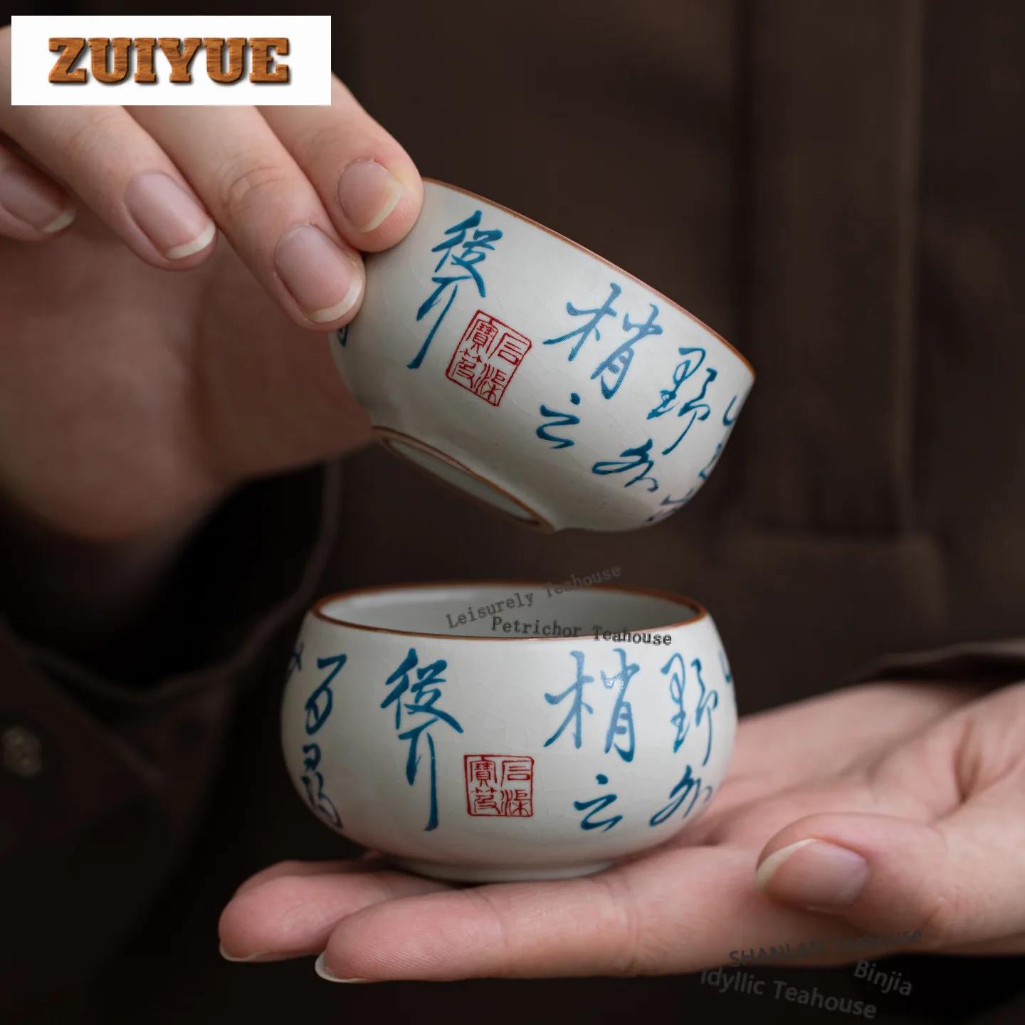 

2pc/lot Ru Klin Hand Written Poems Teacup Elegant Tea Bowl Beautiful Tea Cup Tea-tasting Smelling Cup Chazhan Master Cups Craft