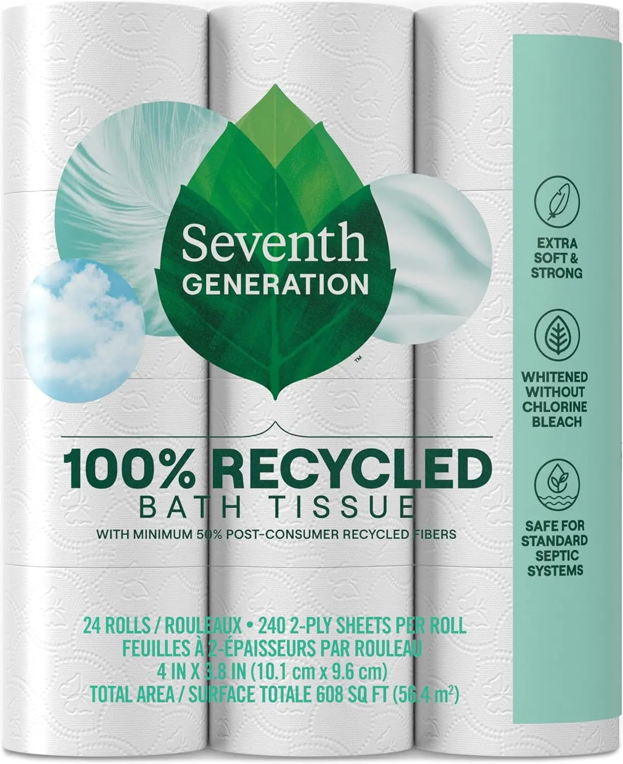 

Eco-Friendly Toilet Paper, 2-Ply White Bathroom Tissue, 100% Recycled Chlorine-Free, 24 Rolls Pack of 2
