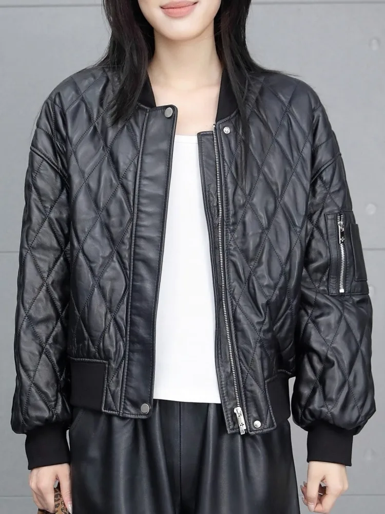 캐주얼 스타일 스탠드 칼라 지퍼 패션 천연 가죽 재킷 루즈 포켓 긴 소매 여성용 따뜻한 양가죽 아우터웨어