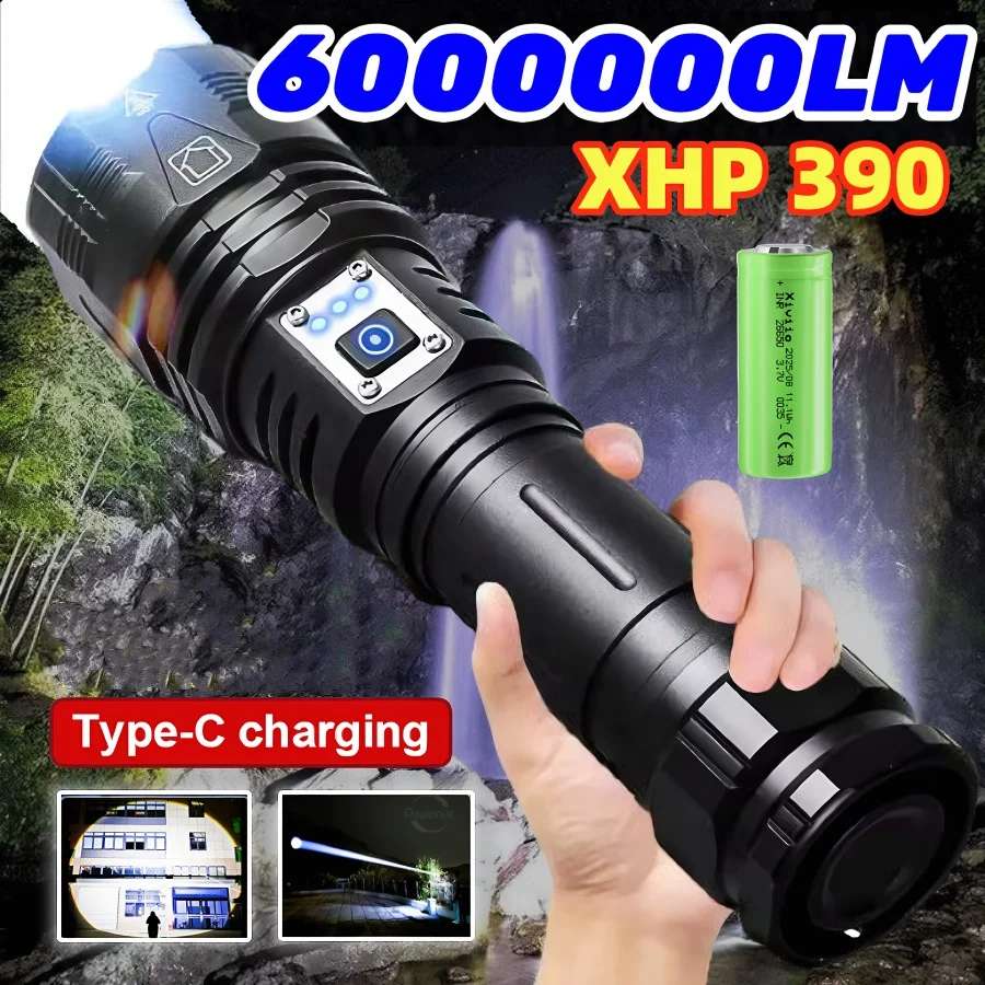 Most Popular Powerful XHP390 LED Flashlight Aluminum Alloy USB Rechargeable Tactical Light Outdoor Zoom Adventure Camping Light