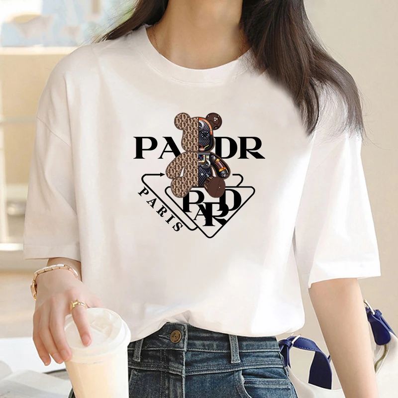 Din Bear PARIS Print Cartoon Clothing Women Trend Clothes Short Sleeve Ladies Casual Fashion Female Graphic Tee T-shirts