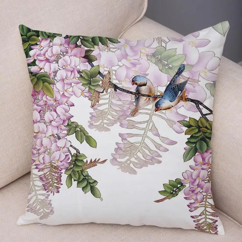 Printed Pillowcase, Watercolor, Cute Bird Flower, Robin Bird, Sparrow, Golden Sparrow Cushion Cover, Home Decoration