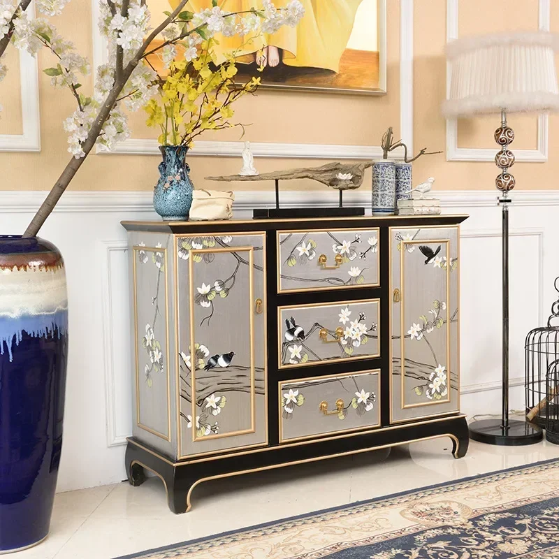 1.2 meters flower and bird solid wood entrance foyer cabinet, living room decorative cabinet, floor-to-ceiling
