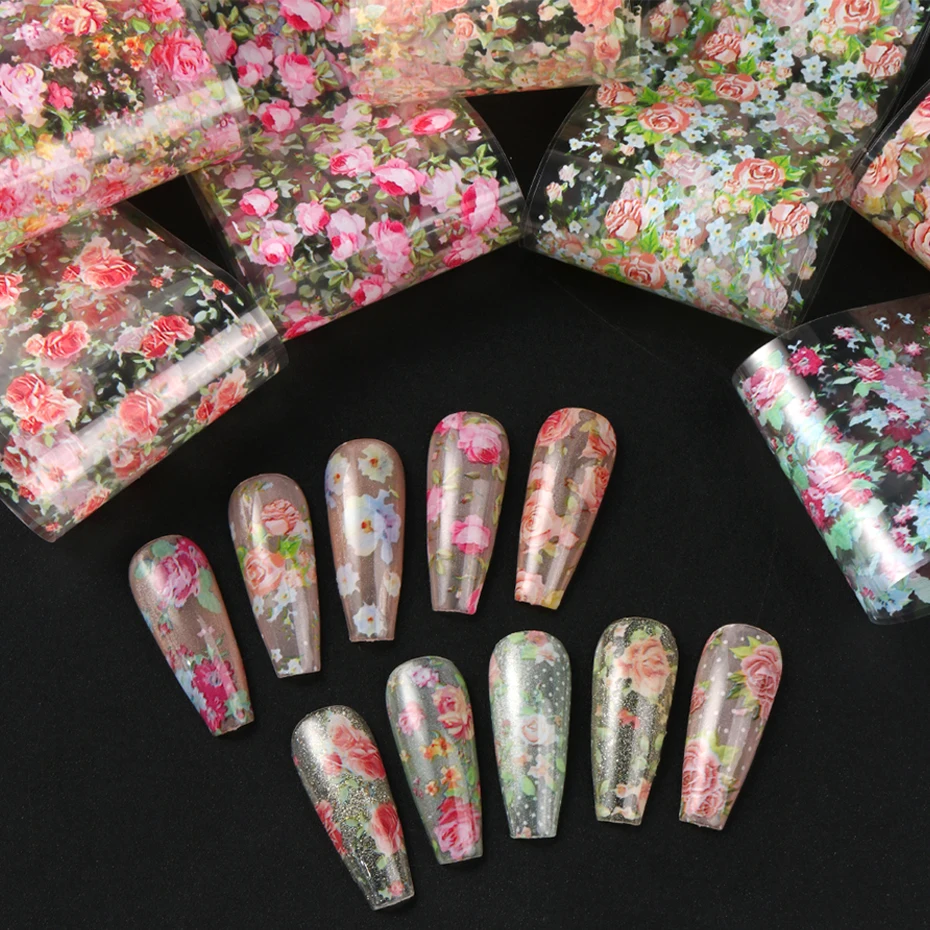 10 Rolos de Adesivos de Transferência para Unhas com Rosas Coloridas, Design Floral Elegante de Renda para Decoração de Unhas DIY para Casamentos de Primavera