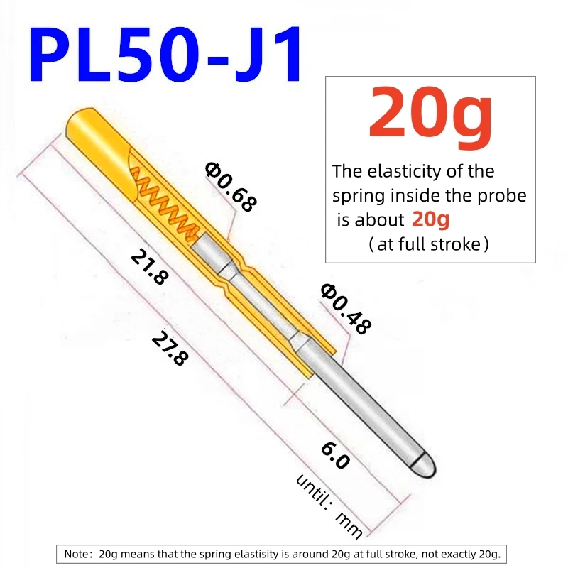 

20/100PCS PL50-J1 20g Spring Test Probe Test Pin Pogo Pin PL50-J Electric PCB Test Tool 0.48/0.68/27.8mm Needle Round Tip Head