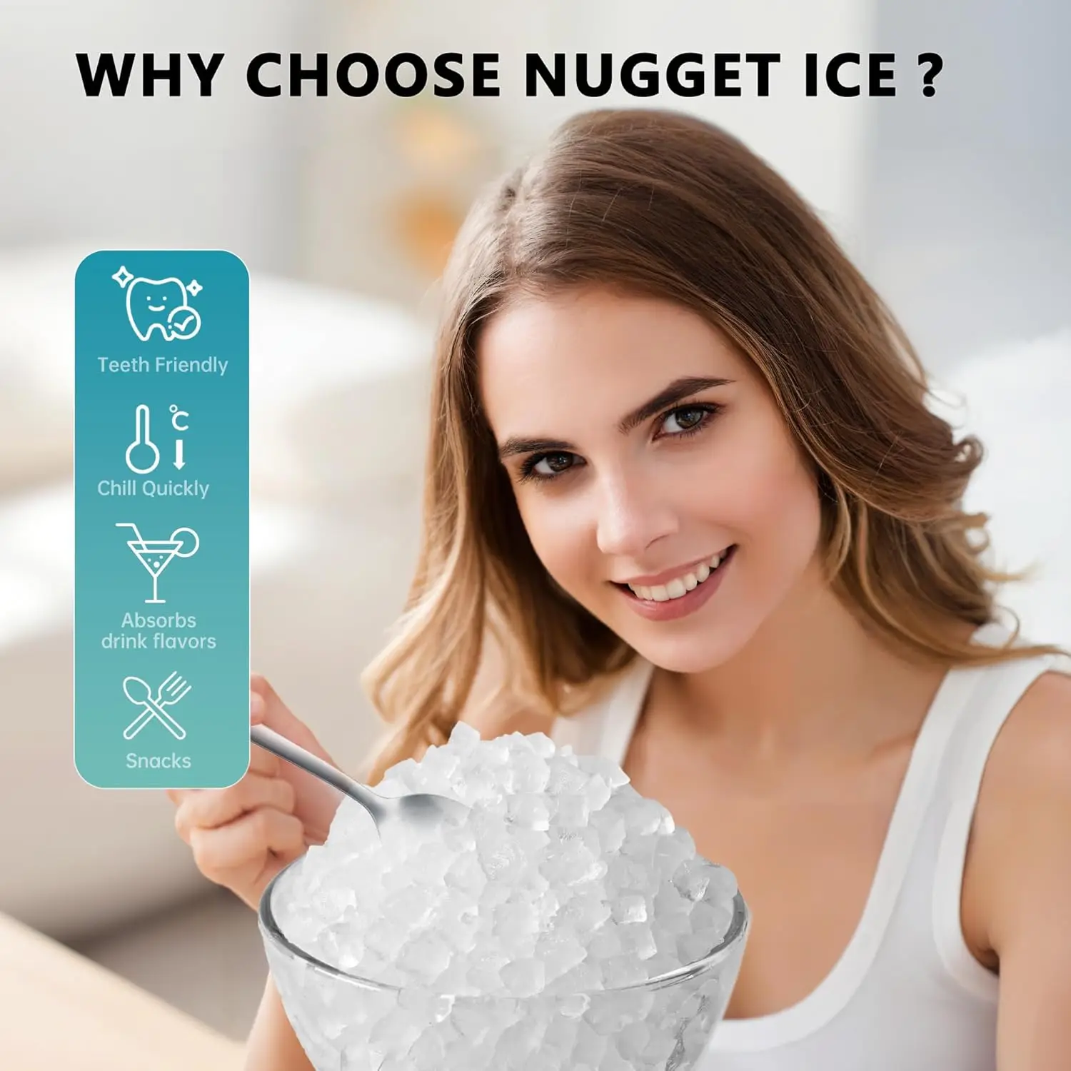 Encimera para hacer hielo Nugget con asa, lista en 6 minutos, 34 libras por día, cubierta superior extraíble, limpieza automática, hijo portátil